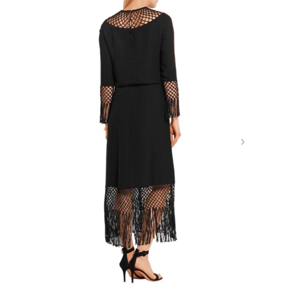 VALENTINO GARAVANI Midi Dress 4 Black Fringed Macramé-Paneled Silk-Crepe FLAW - Picture 2 of 16